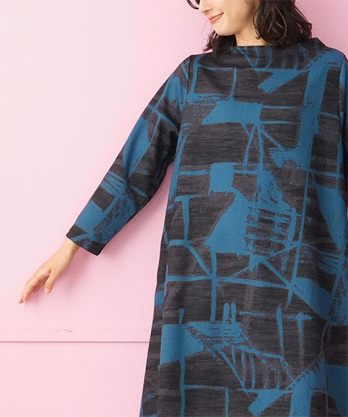 ハイネック総柄長袖Aラインチュニック 36-1679