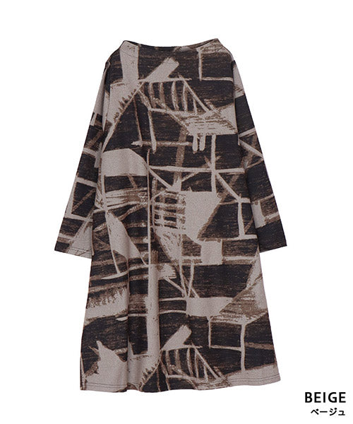 ハイネック総柄長袖Aラインチュニック 36-1679｜40代 50代 60代 大人の