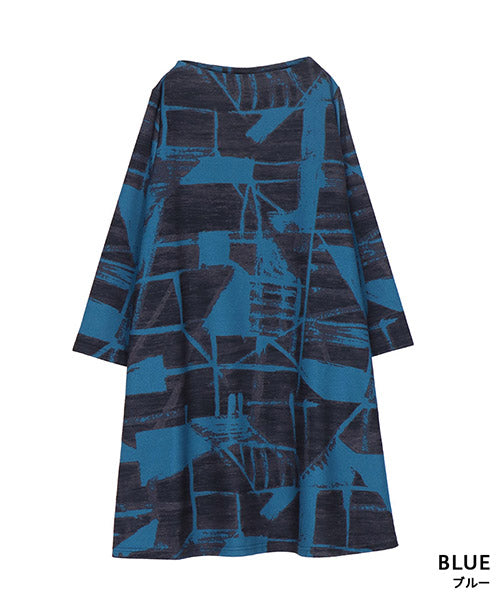 ハイネック総柄長袖Aラインチュニック 36-1679