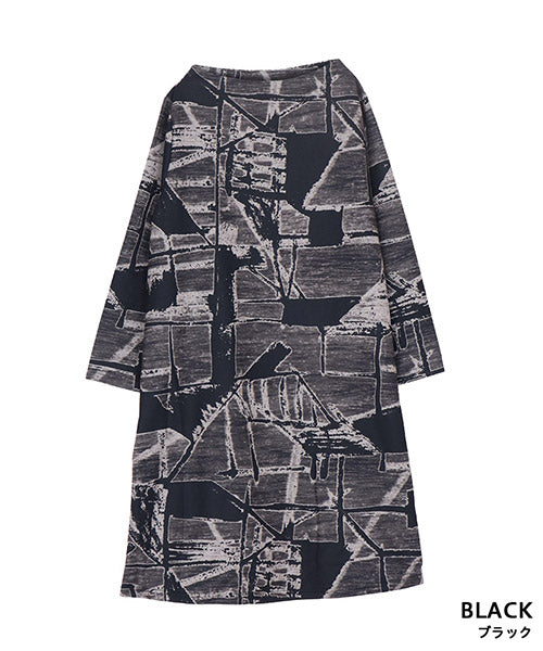 ハイネック総柄長袖Aラインチュニック 36-1679