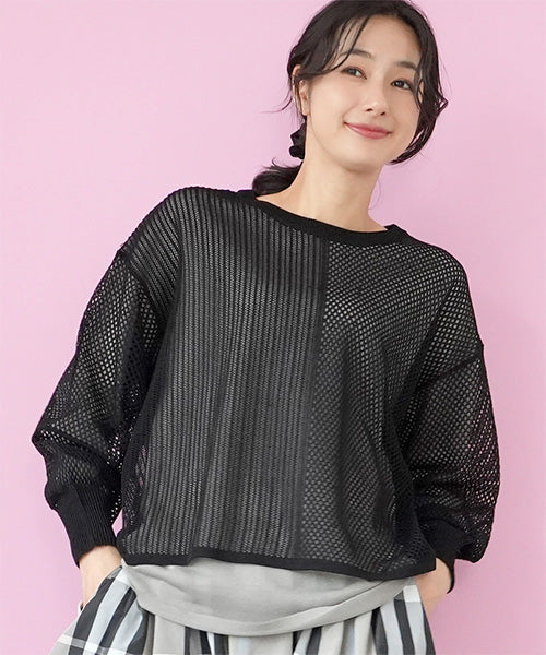 重ね着風メッシュ切替デザインニットプルオーバー 36-1682｜40代 50代