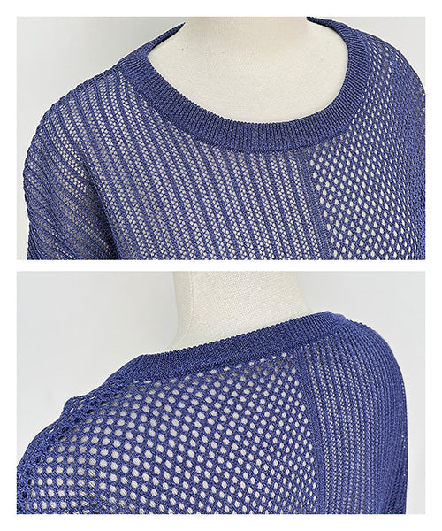 重ね着風メッシュ切替デザインニットプルオーバー 36-1682｜40代