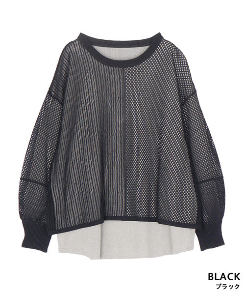 重ね着風メッシュ切替デザインニットプルオーバー 36-1682｜40代 50代