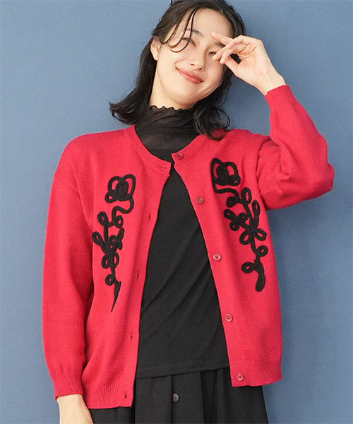 フラワーモチーフ刺繍風ニットカーディガン 36-1700