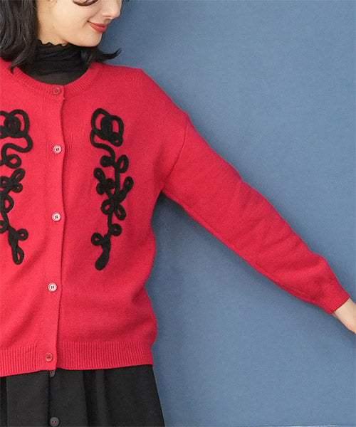 フラワーモチーフ刺繍風ニットカーディガン 36-1700
