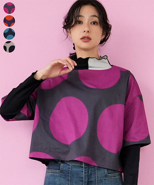 ビッグドット柄ボートネックショート丈半袖Tシャツカットソー 36-1736