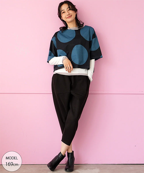 ビッグドット柄ボートネックショート丈半袖Tシャツカットソー 36-1736