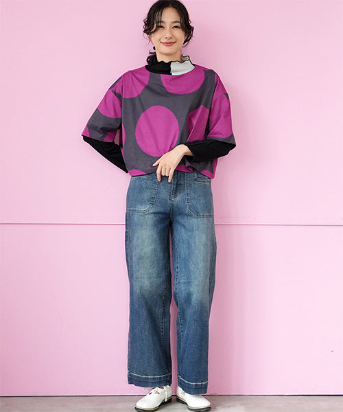 ビッグドット柄ボートネックショート丈半袖Tシャツカットソー 36-1736