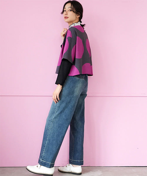 ビッグドット柄ボートネックショート丈半袖Tシャツカットソー 36-1736