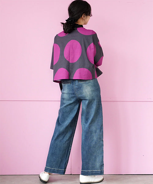 ビッグドット柄ボートネックショート丈半袖Tシャツカットソー 36-1736