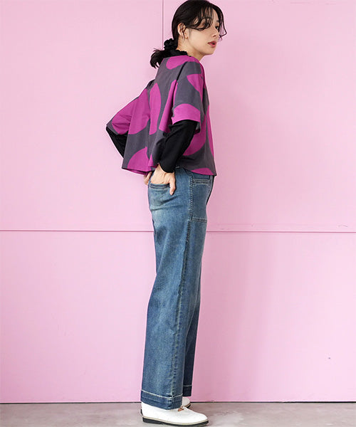 ビッグドット柄ボートネックショート丈半袖Tシャツカットソー 36-1736