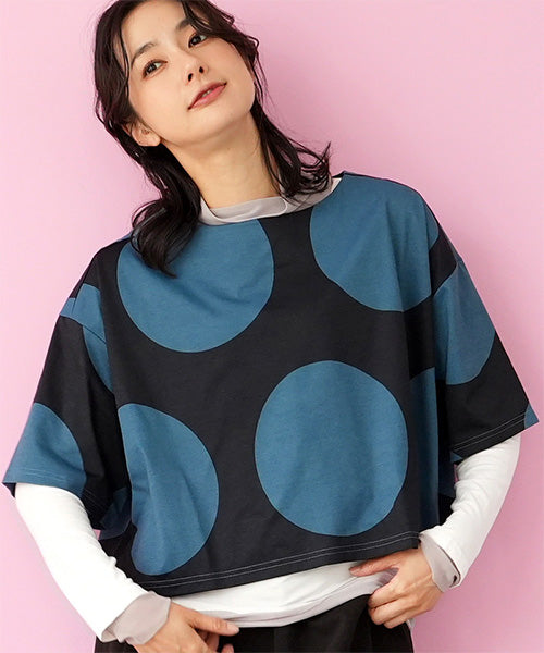 ビッグドット柄ボートネックショート丈半袖Tシャツカットソー 36-1736