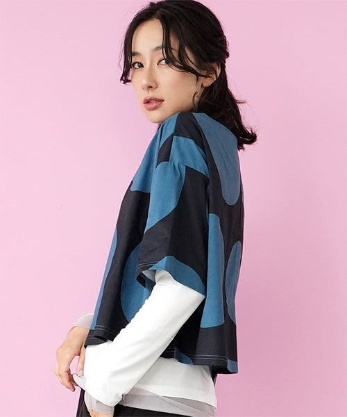 ビッグドット柄ボートネックショート丈半袖Tシャツカットソー 36-1736