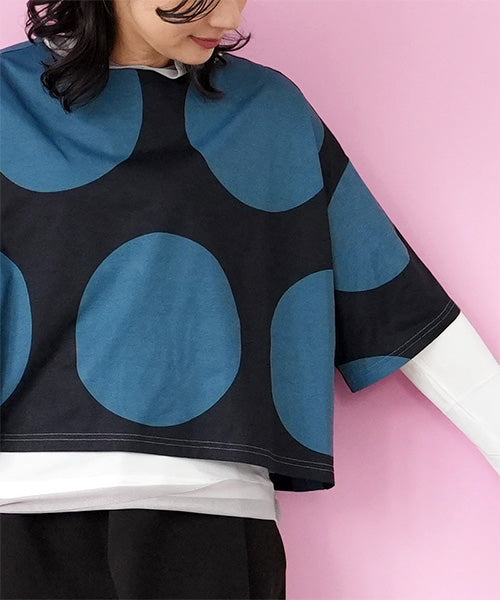 ビッグドット柄ボートネックショート丈半袖Tシャツカットソー 36-1736