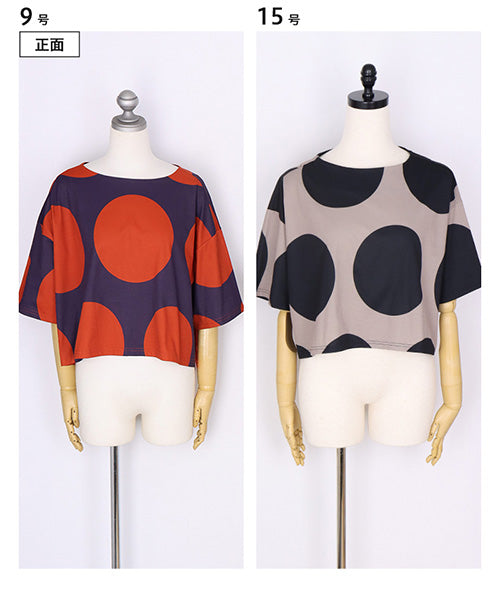 ビッグドット柄ボートネックショート丈半袖Tシャツカットソー 36-1736