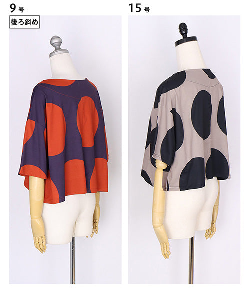 ビッグドット柄ボートネックショート丈半袖Tシャツカットソー 36-1736