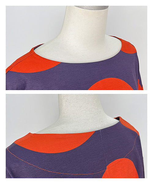 ビッグドット柄ボートネックショート丈半袖Tシャツカットソー 36-1736