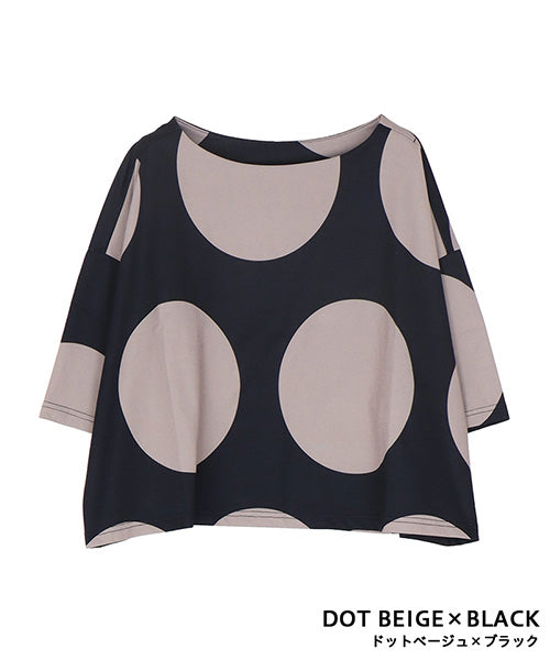 ビッグドット柄ボートネックショート丈半袖Tシャツカットソー 36-1736