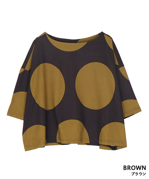 ビッグドット柄ボートネックショート丈半袖Tシャツカットソー 36-1736