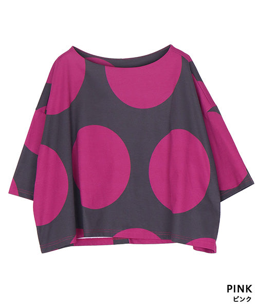 ビッグドット柄ボートネックショート丈半袖Tシャツカットソー 36-1736