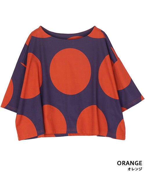 ビッグドット柄ボートネックショート丈半袖Tシャツカットソー 36-1736