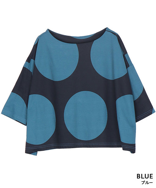 ビッグドット柄ボートネックショート丈半袖Tシャツカットソー 36-1736