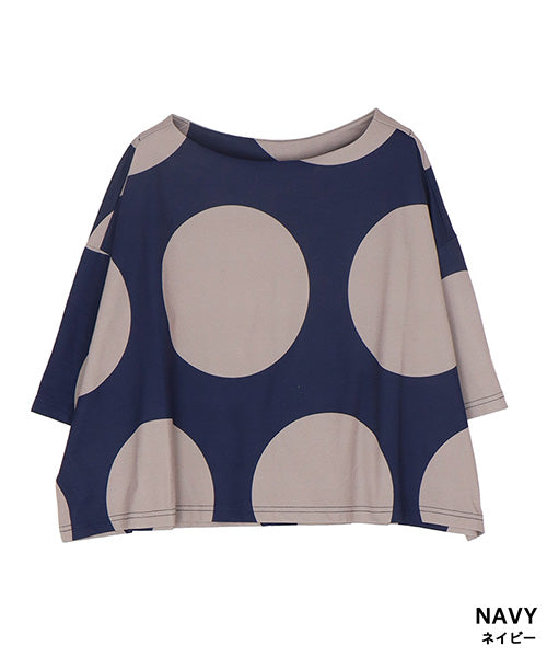 ビッグドット柄ボートネックショート丈半袖Tシャツカットソー 36-1736