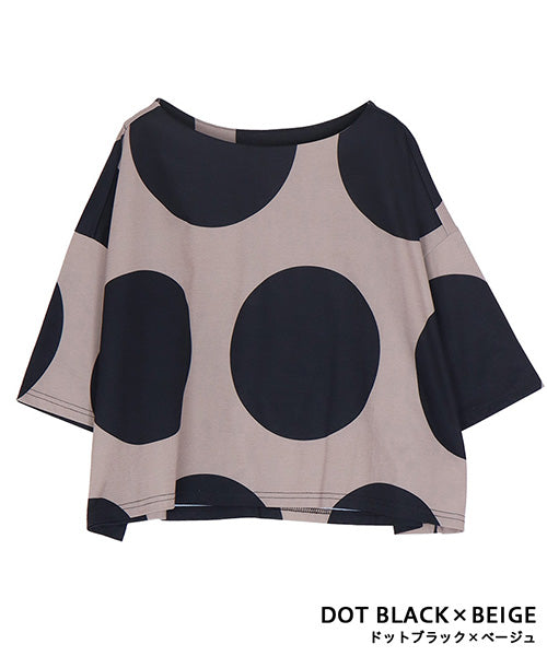 ビッグドット柄ボートネックショート丈半袖Tシャツカットソー 36-1736