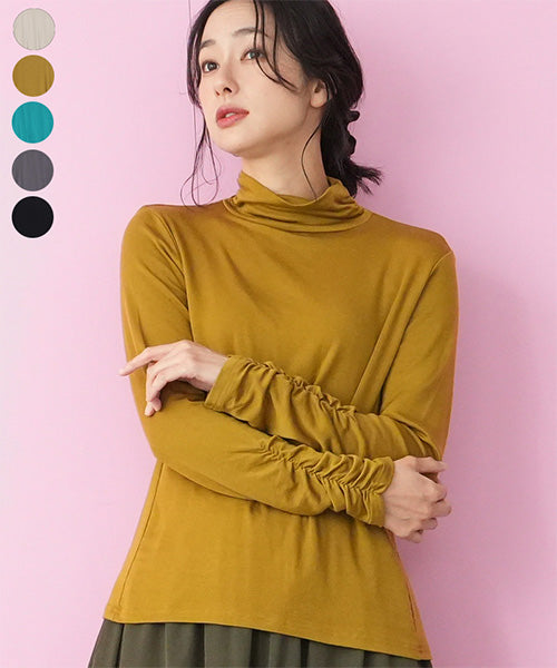 襟・袖ゴムシャーリングハイネック長袖インナーカットソー 36-1745