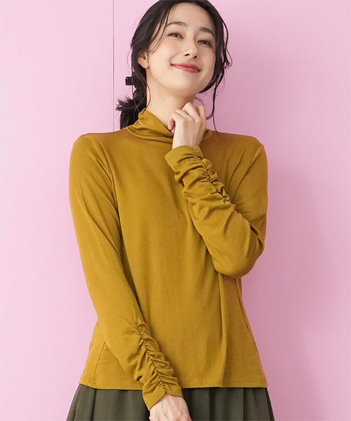 襟・袖ゴムシャーリングハイネック長袖インナーカットソー 36-1745