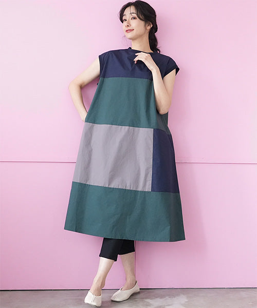 綿100％配色切替ノースリーブワンピース 36-1752｜40代 50代 60代 大人