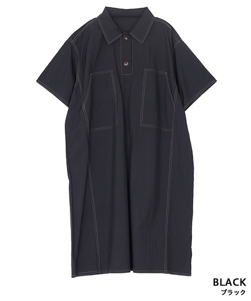 ナイロン100％ステッチアクセント襟付きAライン半袖ワンピース 36-1765