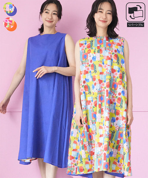 綿100％花柄ペイントプリントノースリーブロングワンピース 36-1809