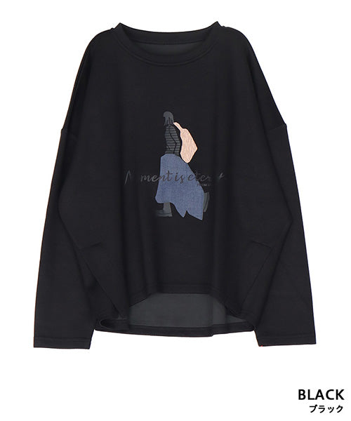 イラストプリントサイドスリット長袖カットソー 36-1811｜40代 50代 60