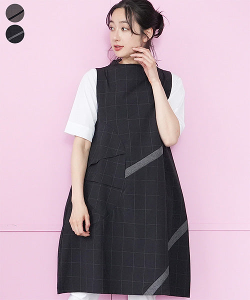 チェック柄異素材切替ノースリーブチュニック 36-1815｜40代 50代 60代