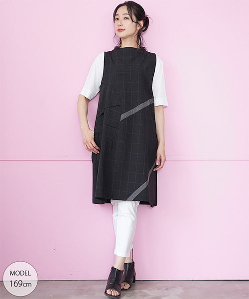 チェック柄異素材切替ノースリーブチュニック 36-1815