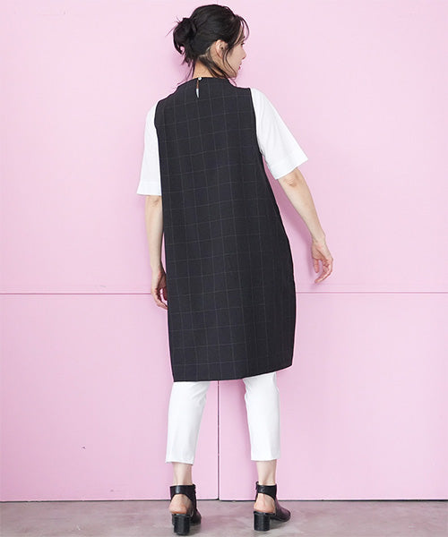 チェック柄異素材切替ノースリーブチュニック 36-1815
