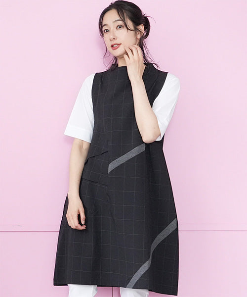 チェック柄異素材切替ノースリーブチュニック 36-1815