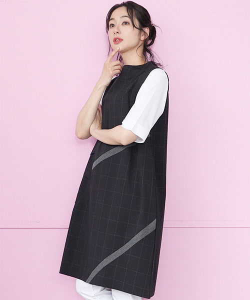 チェック柄異素材切替ノースリーブチュニック 36-1815