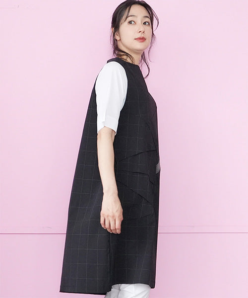 チェック柄異素材切替ノースリーブチュニック 36-1815