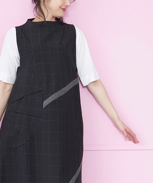 チェック柄異素材切替ノースリーブチュニック 36-1815