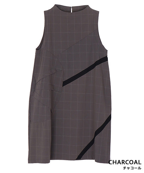 チェック柄異素材切替ノースリーブチュニック 36-1815