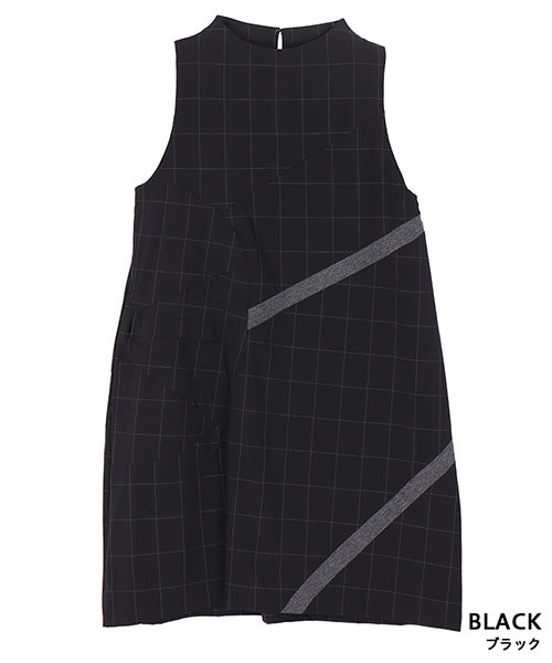 チェック柄異素材切替ノースリーブチュニック 36-1815