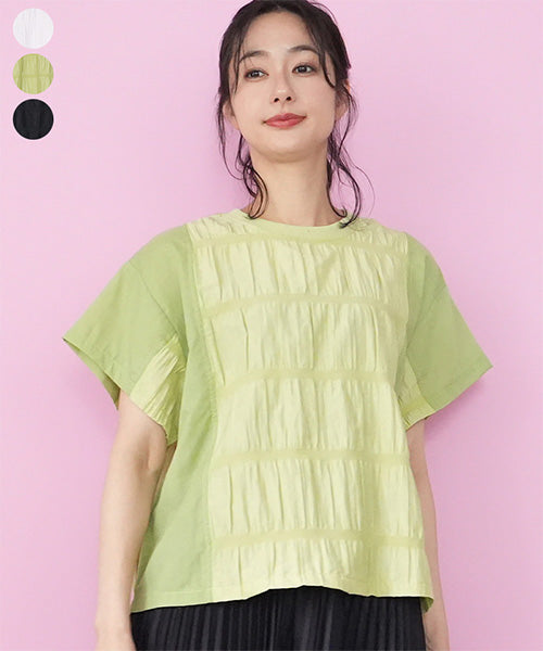 希少　ateliergg シャーリング加工 シャツ シャーリング加工異素材切替Tシャツカットソー 36-1822｜40代 50代 60
