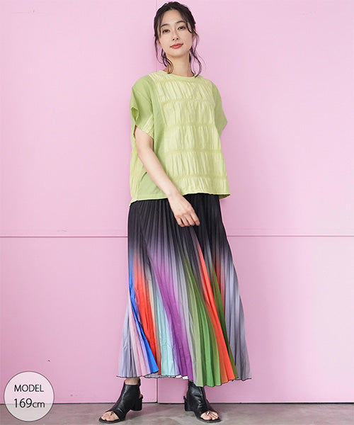 希少　ateliergg シャーリング加工 シャツ シャーリング加工異素材切替Tシャツカットソー 36-1822｜40代 50代 60