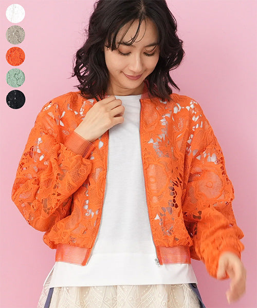 hikariTOMORROWLANDジップアップブルゾンリンクルレース 総レース刺繍ジップアップブルゾンジャケット 36-1823｜40代 50代 60代