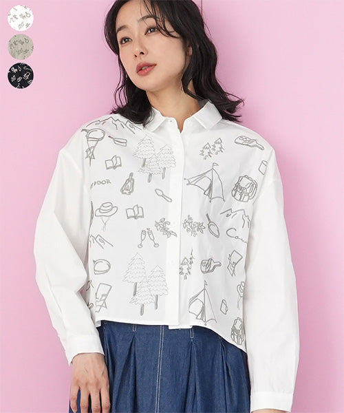 mii collection ANNEトップス　刺繍本のイラスト フレンチシャツ 綿100％アウトドア刺繍ショート丈長袖シャツブラウス 36-1828｜40代 50