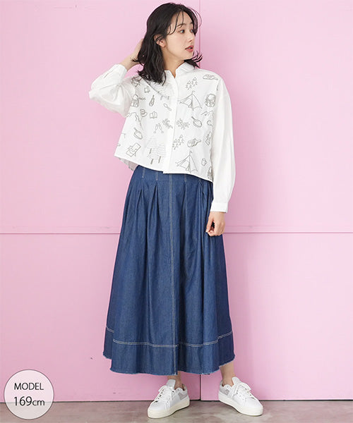 綿100％アウトドア刺繍ショート丈長袖シャツブラウス 36-1828｜40代 50
