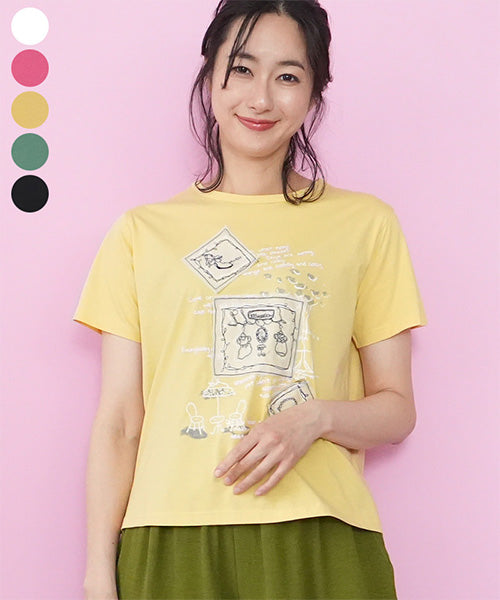 接触冷感綿100％イラスト刺繍パッチワーク英字プリントTシャツ
