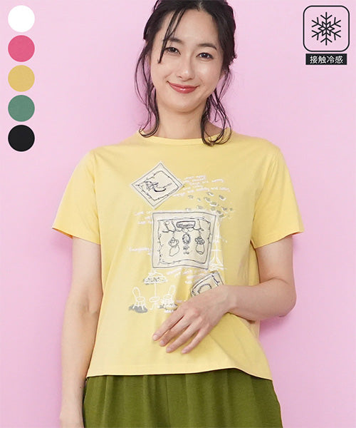接触冷感綿100％イラスト刺繍パッチワーク英字プリントTシャツ